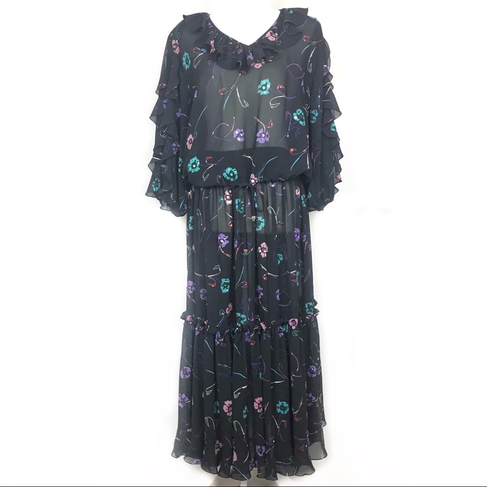 Diane Fres Georgette Boho Floral Sheer Chiffon Ruffle 2 Piece Skirt & Top Set